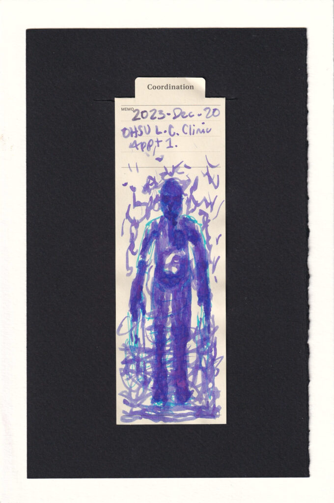 The figure is over-colored in purple, too many layers bleeding thru the paper. scribbles everwhere, but especially dark in the extremities, the face, and lower abdomen.