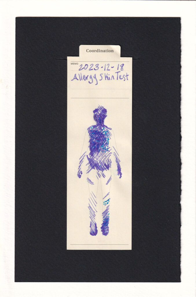 Outfit "coordination" bookmark with the silhouette of a human printed on it. With purple inks I have hatched areas of increased pain, burning, itching, and swelling. Blue ink marks include the grid of 30 pin pricks on my back.