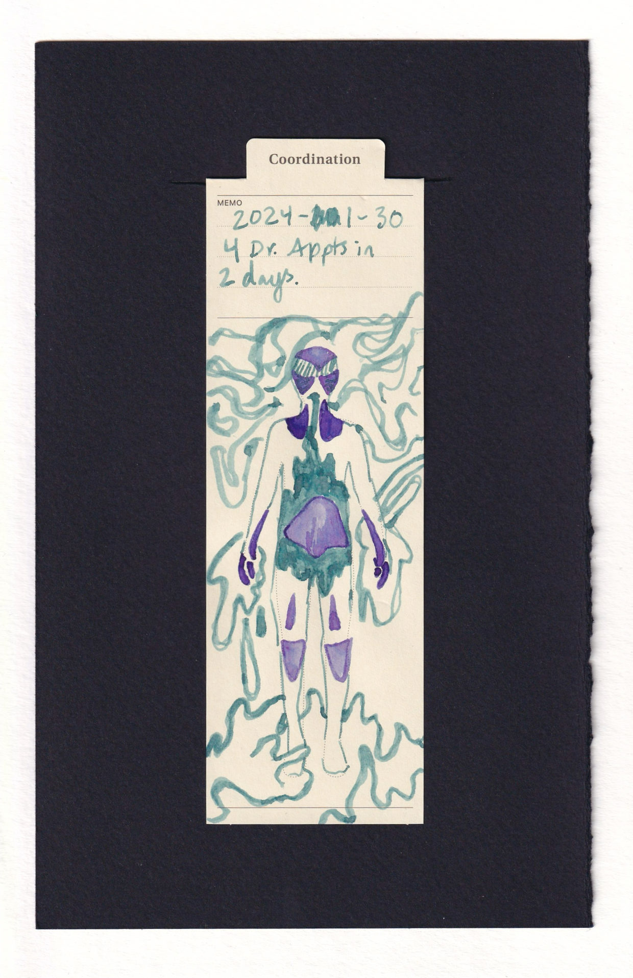 Image of ink drawing on a manila creme bookmark outline of a human. Duotone purples and foggy-green-blue-grey, the purple makes dark patches mostly symmetrically, both sides of the neck, both arms, knees, the eye areas, and lower gut. The grey draws a bunch of swirling foggy, waterry, and goo-like abstract shapes around the figure, invoking a hazy, thick, viscous world around them.