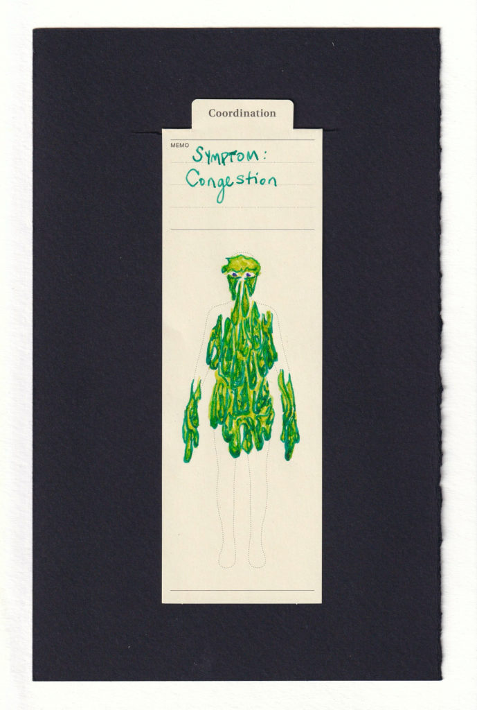 Bright viscous green mucus is drawn covering the torso, face, and lower arms/hands of the outline of a human. The mucus is especially thick in the armpits, hands, and central abdomen. Two eyes are visible from between mucus shapes, but no nose or mouth is visible. 