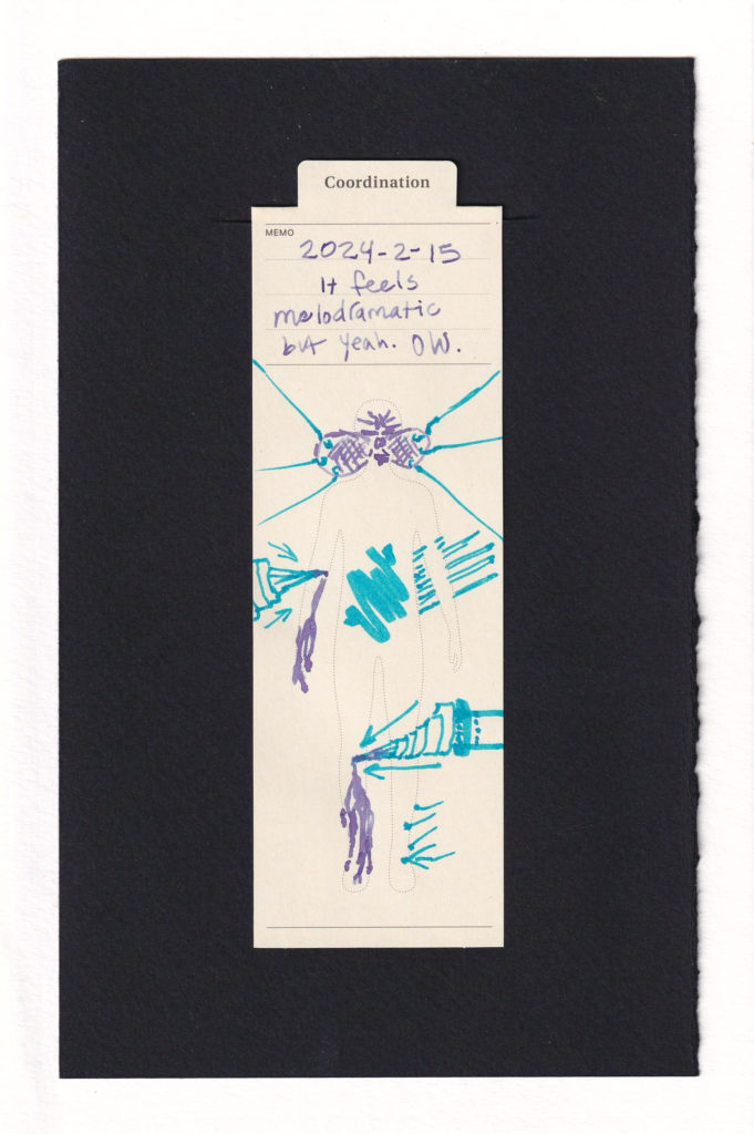 Outline of a human modified with ink, the cheeks are pulled outward each by 3 piercing hooks. Large drill-like shapes pierce the joints - right knee and right elbow. Purple ink spills out from each, mimicking blood. Many sticks like arrows protrude from the lower back, and a scribble fills the gut.