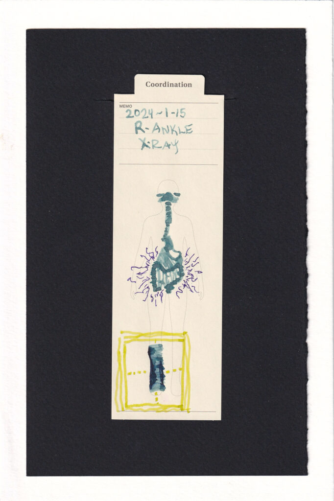 Similar to the previous bookmark, this one has a cool clinical blue-grey digestive track with dark large intestine/colon. purple thin squiggly sparks surround it. Over the right ankle, in neon yellow-green is an x-ray alignment grid. The ankle is wrapped in bandages. The nose and sinuses are dark as well.