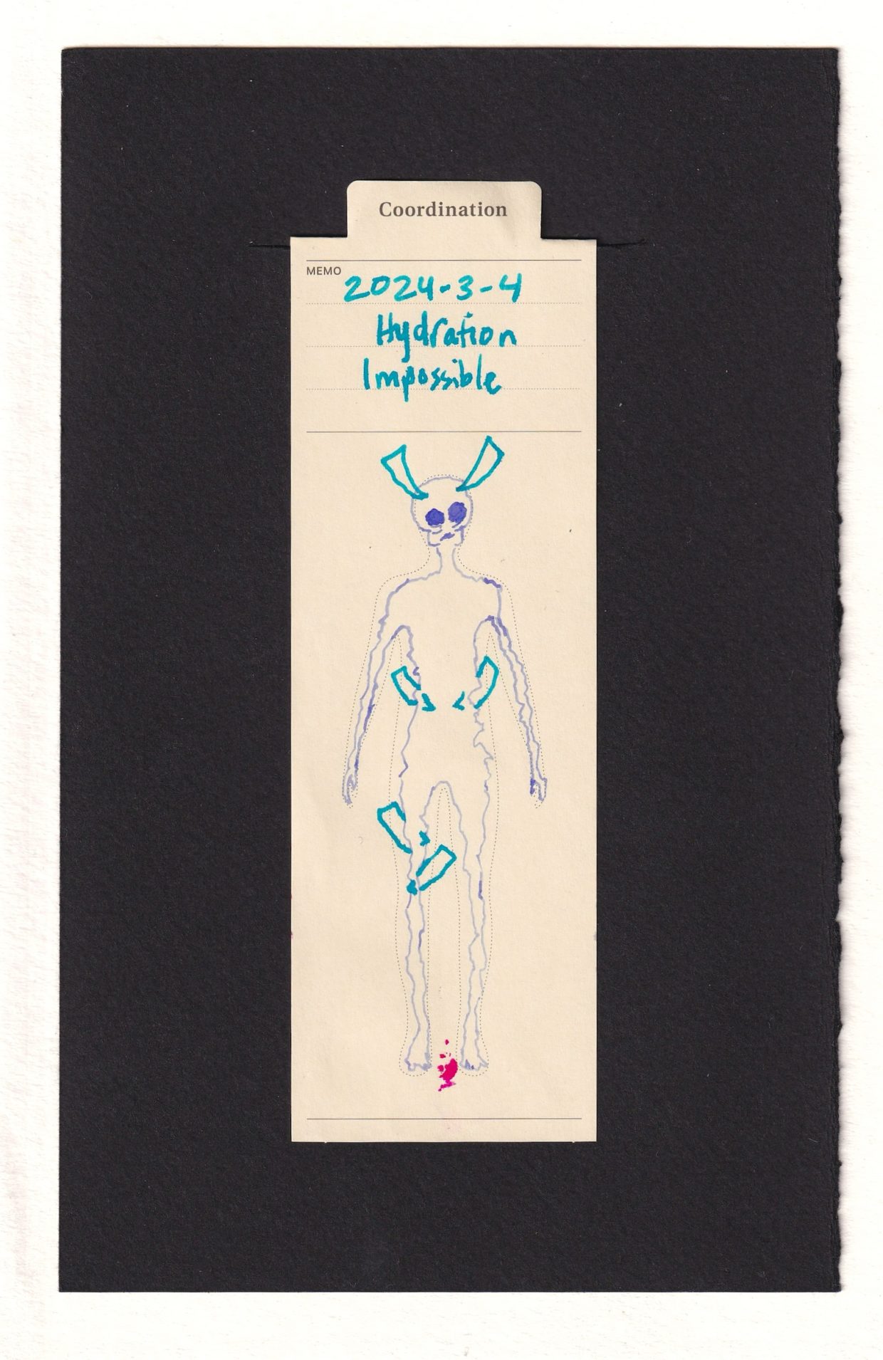 Shriveled, scrawny outline of a person with a skull-like head shape within the printed outline of a person. The figure has two large spikes in their forehead, like a cluster headache or migraine, and additional pairs of shivs in what reminds of the torso and upper right thigh.