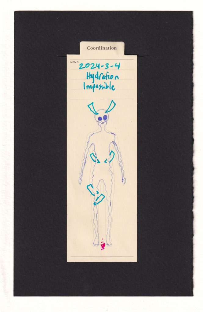 Shriveled, scrawny outline of a person with a skull-like head shape within the printed outline of a person. The figure has two large spikes in their forehead, like a cluster headache or migraine, and additional pairs of shivs in what reminds of the torso and upper right thigh.