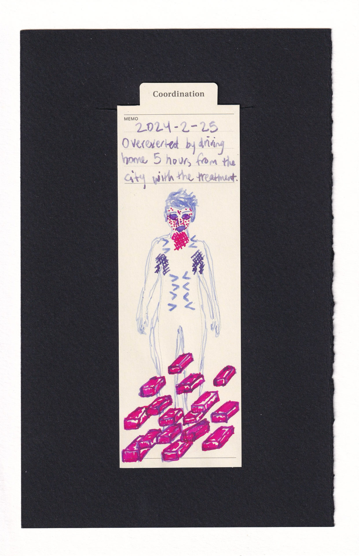 Figure on a manila bookmark. The body is outlined in shaky lavender, with short lavender hair. The face is speckled with hives, especially on the cheeks, and hatch marks on the neck. There are darker hatch marks in the armpits, and pinch > < symbols along the lower abdomen and upper neck/shoulders. At the base are tons of layered icons of isometric bricks, covering the lower body. It would be so exhausting and sharp and difficult and impossible to move with the heft of the bricks.