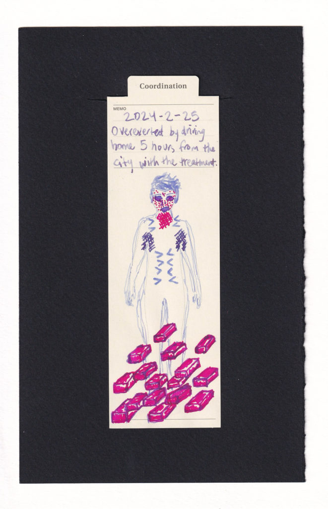 Figure on a manila bookmark. The body is outlined in shaky lavender, with short lavender hair. The face is speckled with hives, especially on the cheeks, and hatch marks on the neck. There are darker hatch marks in the armpits, and pinch > < symbols along the lower abdomen and upper neck/shoulders. At the base are tons of layered icons of isometric bricks, covering the lower body. It would be so exhausting and sharp and difficult and impossible to move with the heft of the bricks.