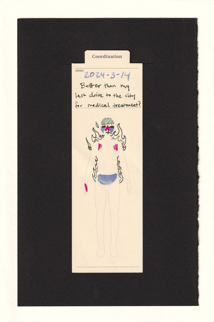 outline of a human body printed on a manila bookmark. With ink there are additions: a periwinkle half circle on the lower stomach/gut/upper pelvis, and two marks of the same color on the cheeks. Pink marks on the front near where tank top straps would go, pink park on the right thumb, and nose bridge. Thin lines are added hatching the forehead like sweat/heat/exhaustion, and flames rising from behind, like coming out of the figure's back