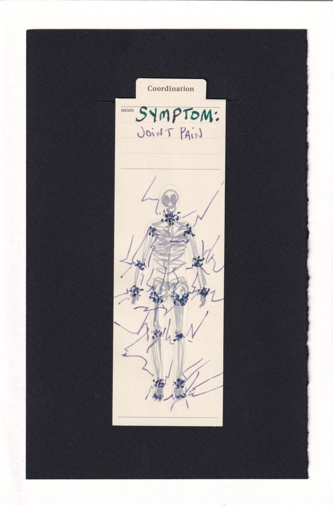 Drawing of a skeleton on a manila bookmark inside the printed outline of a human. In each of the joints are two different types of particles, almost like sand or rock fragments. There are also large jagged lines, almost electric-like shocks arising in each joint.