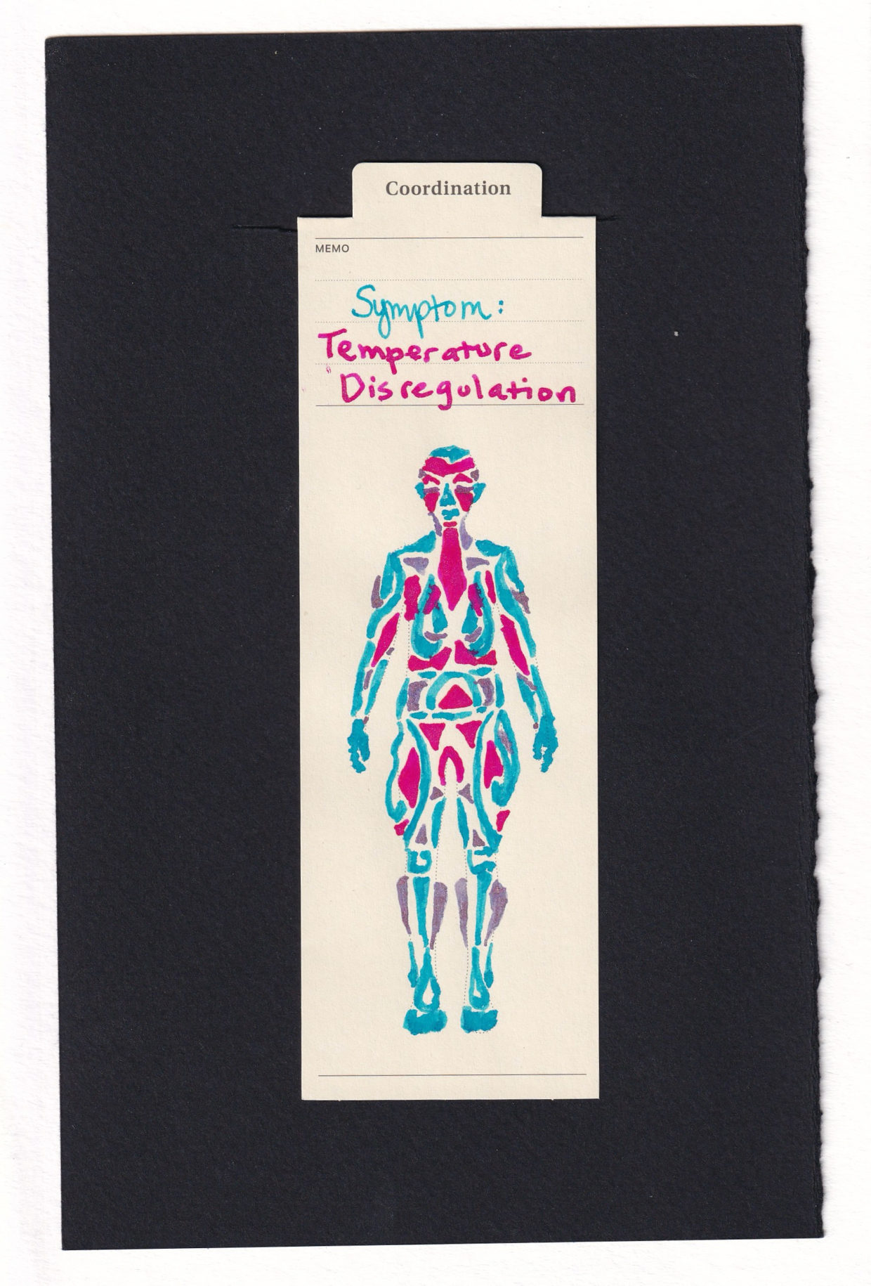 body composited of a bunch of geometric areas of cool blue or hot pink or lavender. The hot pink in the forehead, neck, under arms, and lower abdomen are often against areas of cold, like the upper arms, shoulders, nose and ears. It would be difficult to try to soothe them all to neutral with so many different areas.