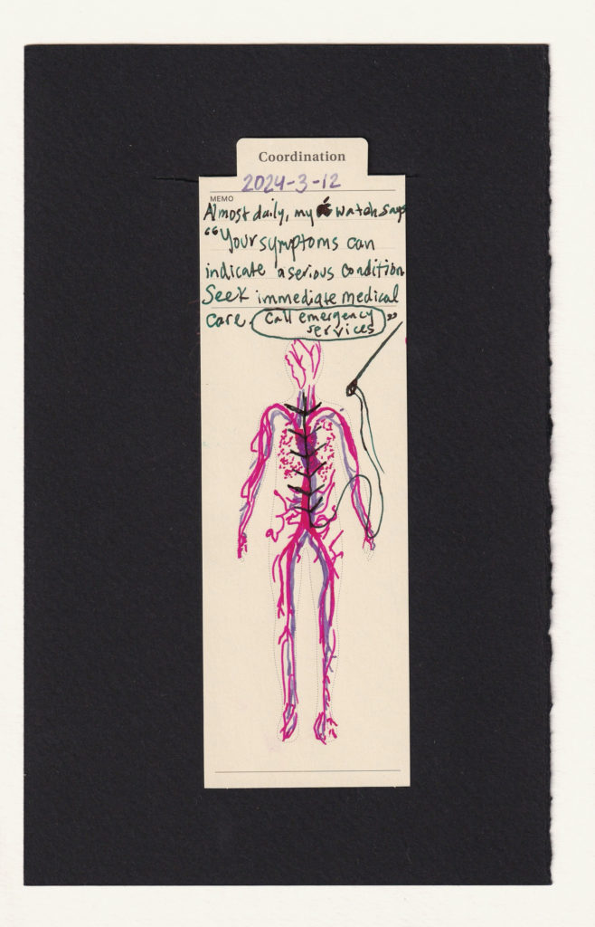 A figure is printed on manila bookmark, I've drawn in the blood arteries and veins. A dark ink draws a sewing/stitching pattern down the chest of the body, then the thread pulls up and is drawn as threaded through a needle. A literal stich in the chest. Above it, in the notes section, the caption is handwritten. 