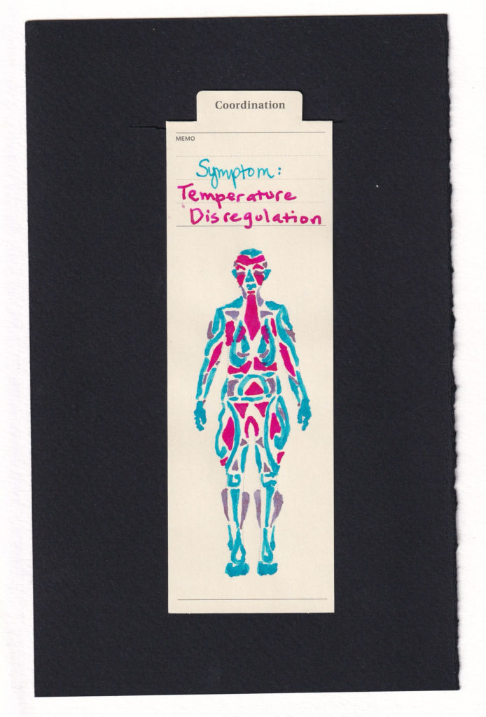 body composited of a bunch of geometric areas of cool blue or hot pink or lavender. The hot pink in the forehead, neck, under arms, and lower abdomen are often against areas of cold, like the upper arms, shoulders, nose and ears. It would be difficult to try to soothe them all to neutral with so many different areas.