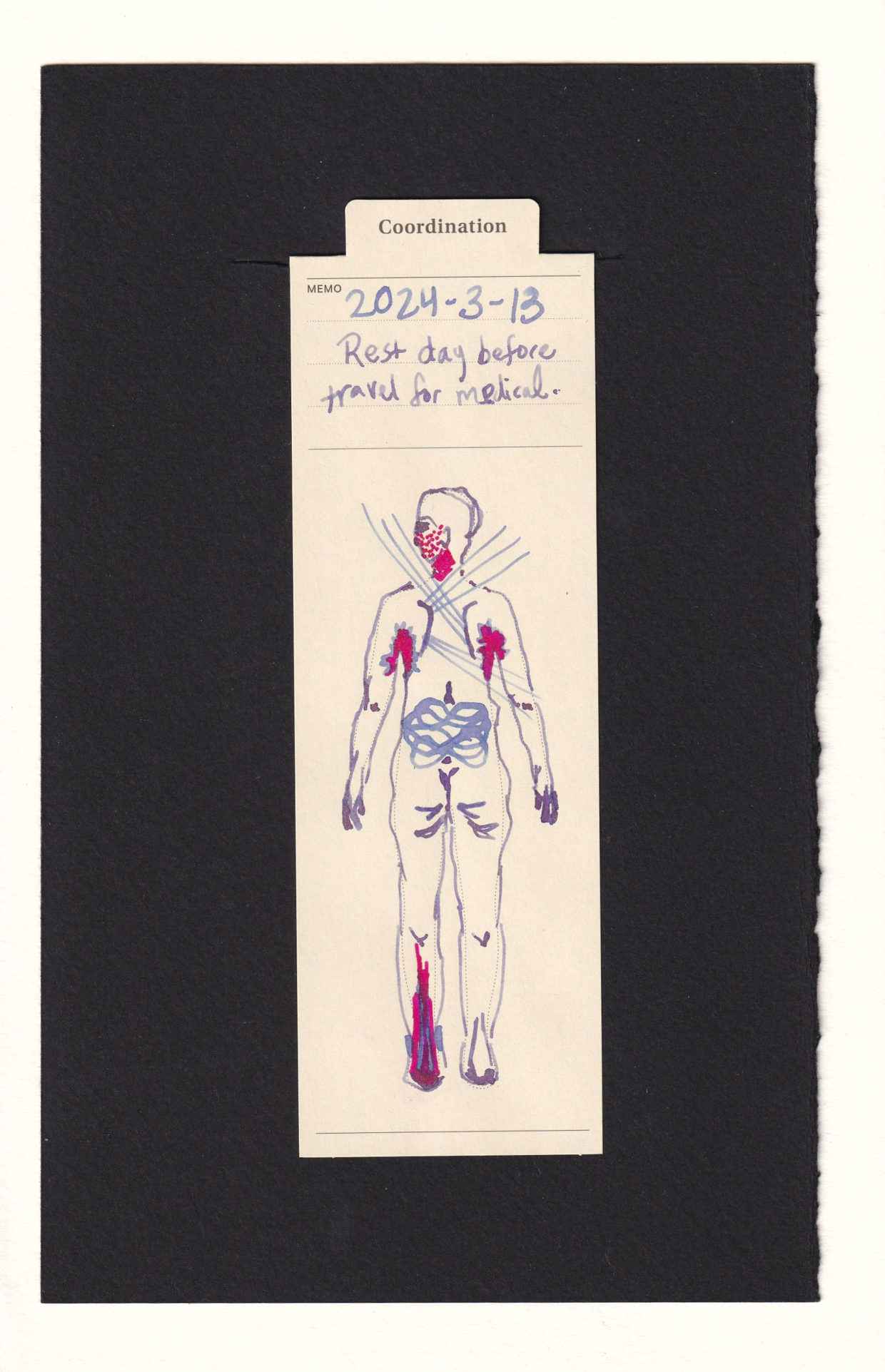 Same manila bookmark with human outline printed on it, modified with ink so we're viewing a figure from behind. Their armpits, left achiles, cheek, and neck are colored with hot pink. Light lavender spikes arise from under the center right shoulder blade, and under the upper and lower left shoulder blade. In the lower back, a swirling mark is made. The figure is nude, their hair is not drawn, and they do have some body fat, especially around the hips.