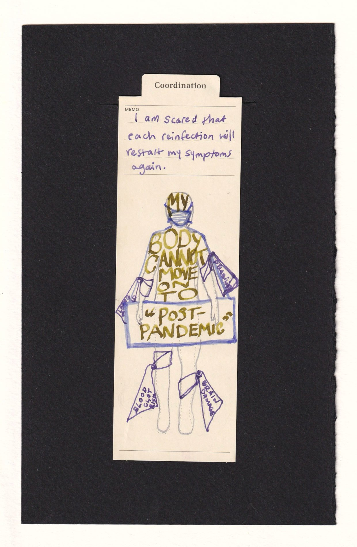 Figure printed on a manila bookmark. The head and upper body are inscribed with in caps, "My Body Cannot Move on to" and a sign slung over their neck reads "'Post-Pandemic'" in quotes. The face is wearing a respirator face mask, and the arms and legs are tied with bandages with text hanging off of the ties, reading things like "Blood Clot Risk," "Brain Damage," "Disability" and partially obscured "Long Covid."