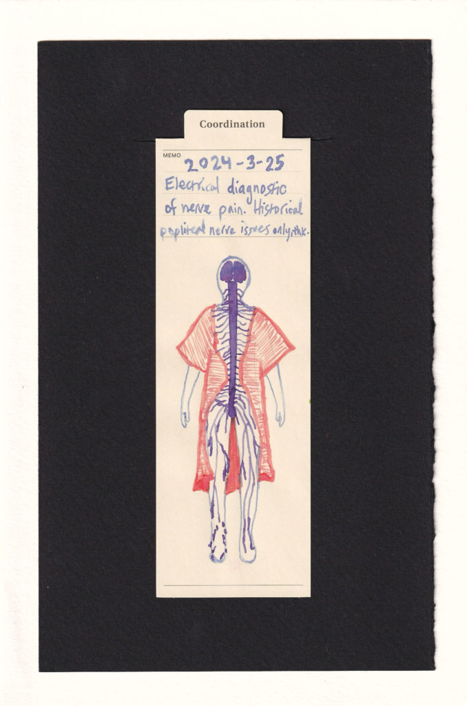 Figure printed on a manila bookmark, colored with ink to have a peach hospital gown, open in the back. Their brain's two lobes and spine are drawn in purple. Radiating from the spine are many nerves. The one in the figure's left foot is splintered into fragments from historical trauma and reconstructive surgeries.