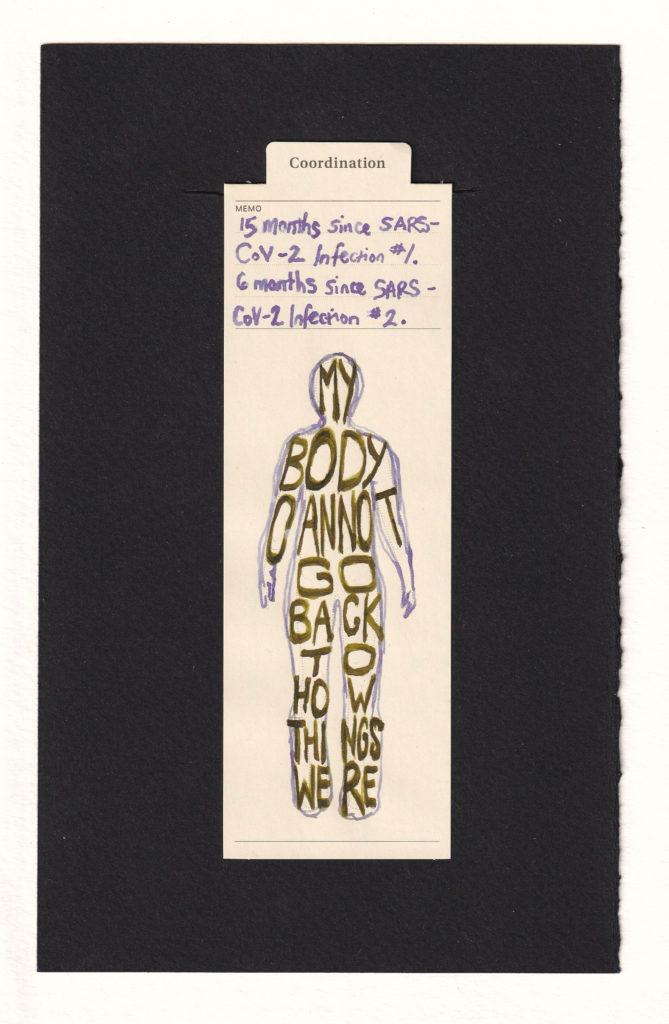 Outline of a body with the text "My Body Cannot Go Back to How Things Were" in caps written filling the outline. The outline of the body is in lavender, the text in dark-yellow-black. The notes section at the top in my purple handwriting reads "15 Months since SARS-CoV-2 Infection #1. 6 Months since SARS-CoV-2 Infection #2."