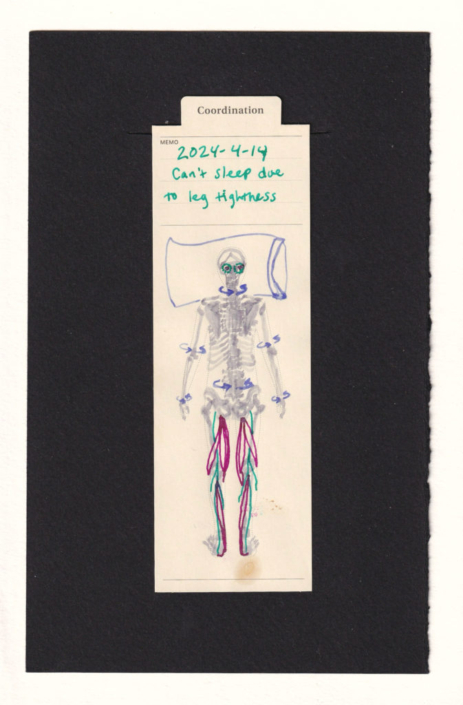 A skeleton drawn into the bookmark outline of a person. A pillow is drawn behind their head, and swiverl marks around each of their joints. Back of leg muscles including the hamstrings and ligements are drawn in place, and large open eyes on the skull.
