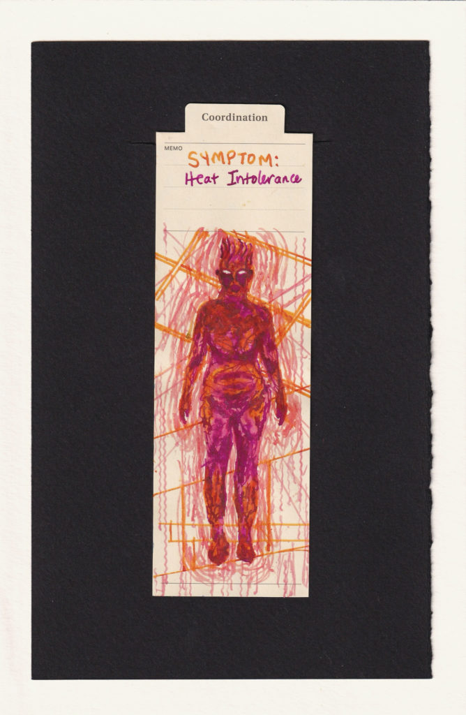 The figure on the bookmark is coated in deep reds, oranges and magentas that are almost baked-on and deeply discomforting to imagine the skin feeling like. The eyes are the only area not colored in. The body is surrounded by warm oranges criss-crossing like windows, light beams, sources of heat, and then surrounding the body, as though of-gassing or intensely vibrating. 