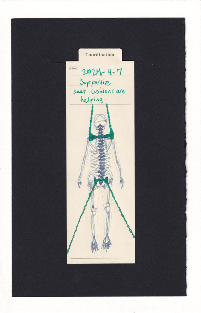Skeleton drawn inside the outline of a figure printed on a manila bookmark. Two large heavy brackets are set into the spine--a larger one most of the width of the shoulders, patinated copper in color, suspending the figure. The second smaller bracket and pair of chains, also in patinated copper are located at the base of the spine, and pulling downard. The feet hang limp in this pose, suspended in place, posture straightened by external means.