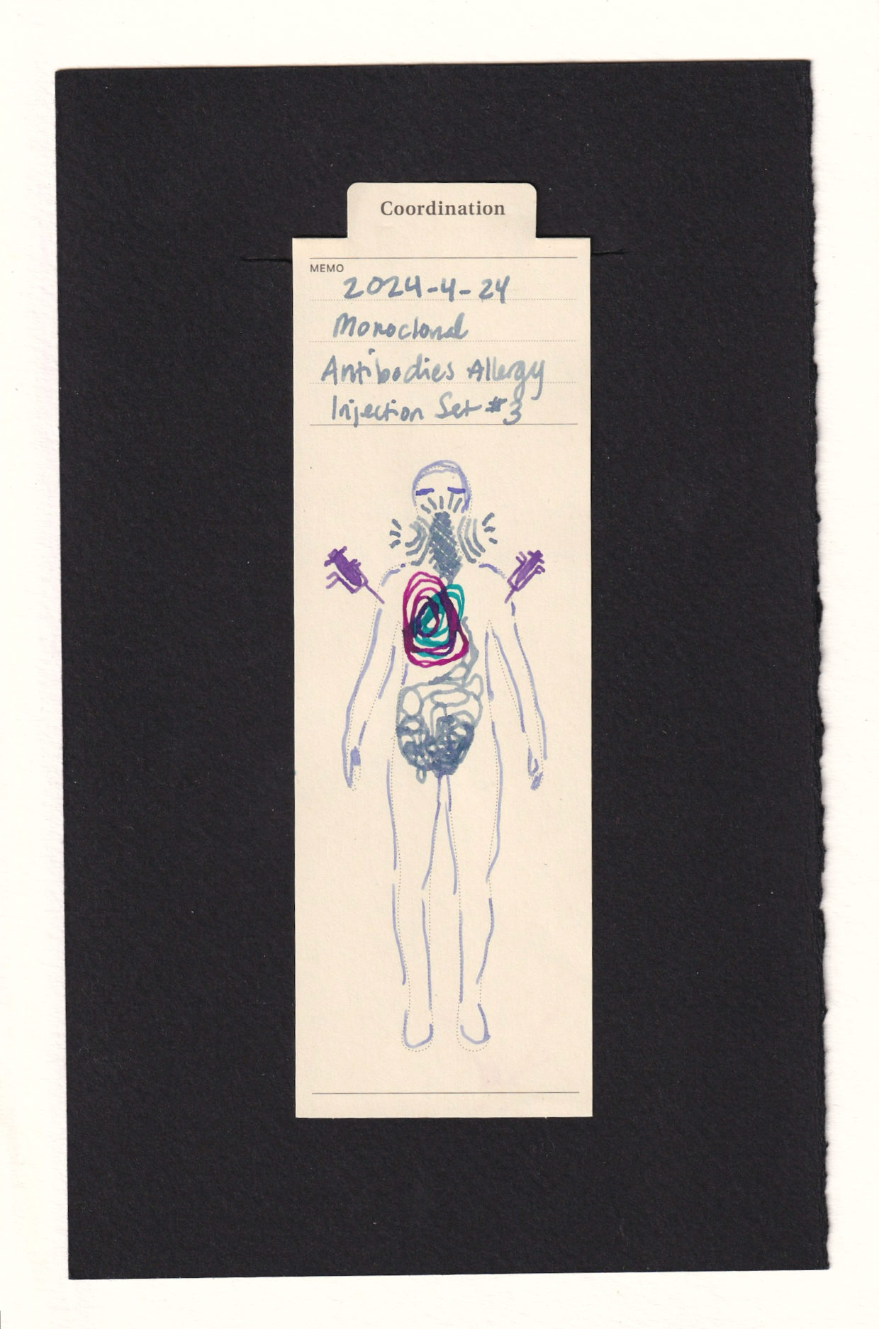 Figure with two purple injection needles sticking out of each arm, with two bright colored concentric swirls almost like triangular tree rings around the heart. The rest of the body is in blue-grey, with abstract squigglies in the lower digestive tract area. There are hatchings and repetitive half circles in and around the throat, as well as closed eyes.