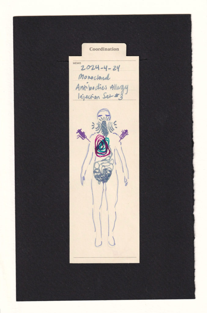 Figure with two purple injection needles sticking out of each arm, with two bright colored concentric swirls almost like triangular tree rings around the heart. The rest of the body is in blue-grey, with abstract squigglies in the lower digestive tract area. There are hatchings and repetitive half circles in and around the throat, as well as closed eyes. 