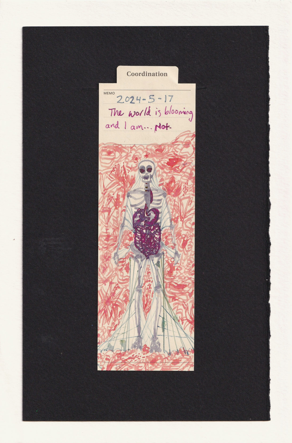 An ink human skeleton with a gastrointestinal system on a background of peachy florals. There are web-like lines coming off of the skeleton, attaching the arms to the torso, head to the neck, and legs to the floor. It would be difficult to move like this.