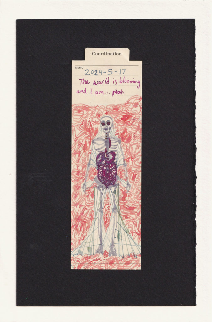 An ink human skeleton with a gastrointestinal system on a background of peachy florals. There are web-like lines coming off of the skeleton, attaching the arms to the torso, head to the neck, and legs to the floor. It would be difficult to move like this.