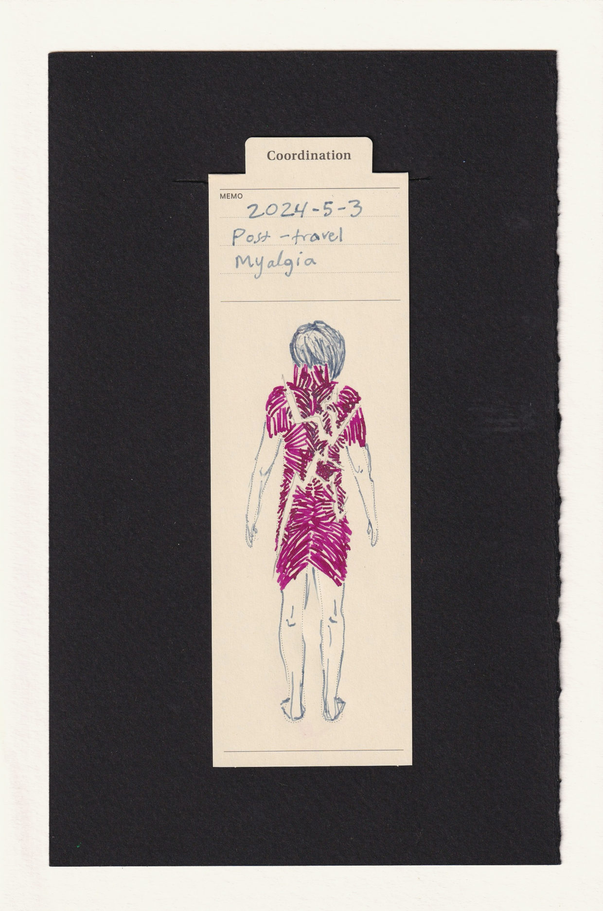view from behind of a person's back muscles, fractured and shattered apart. The lower arms, lower legs, and head are shown as normal, so it almost looks like the musculature revealed is a fashion dress.