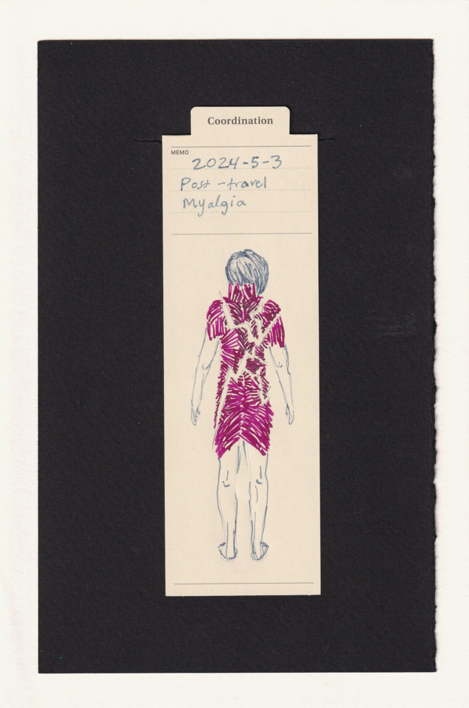 view from behind of a person's back muscles, fractured and shattered apart. The lower arms, lower legs, and head are shown as normal, so it almost looks like the musculature revealed is a fashion dress.