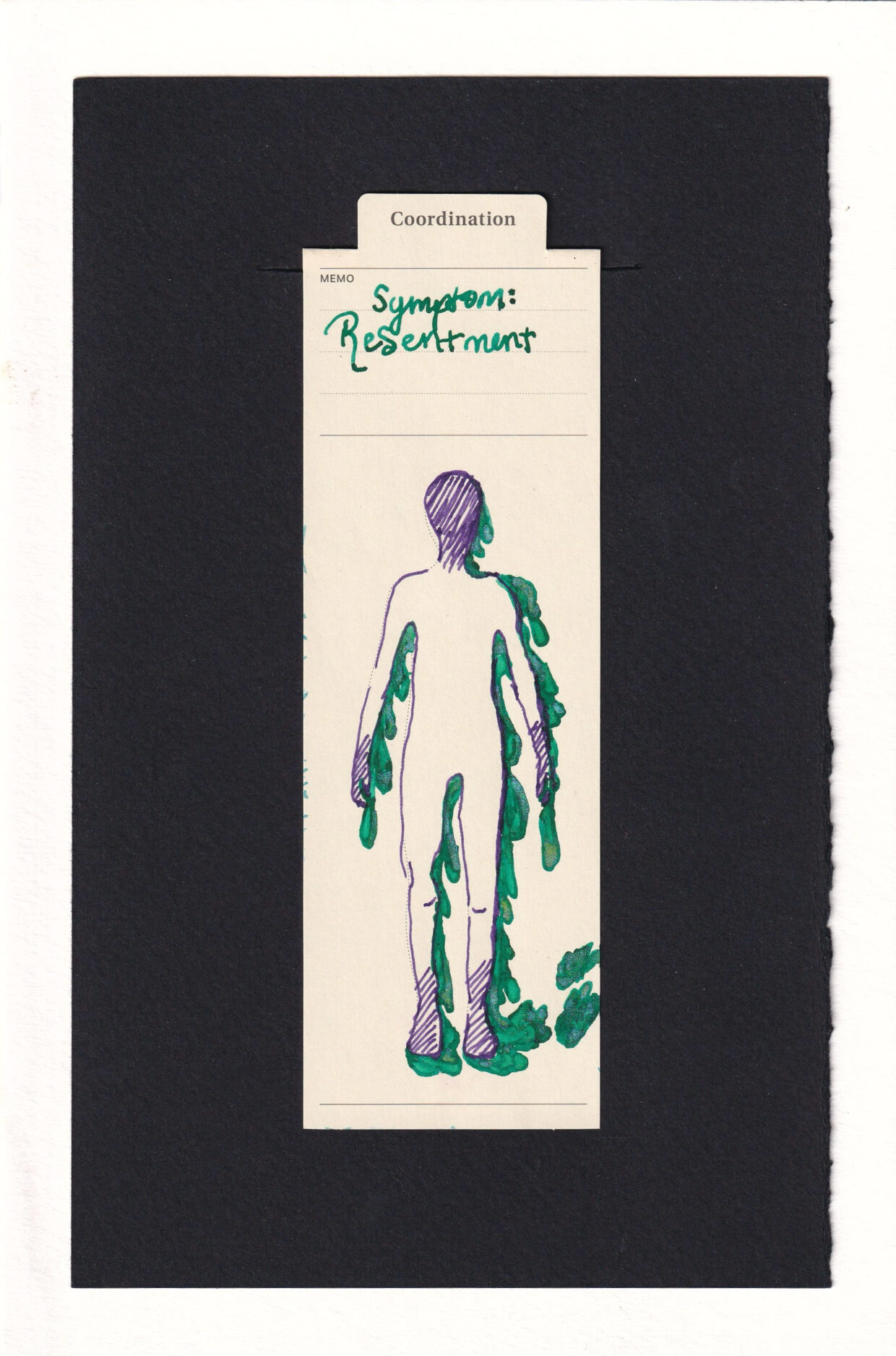 The figure faces us with hatch shaded face, hands & wrists, feet & ankles. They're drawn slender and behind them is a large sum of green goop. there are footprints of green goo as well, and it spills out from under their feet, drips from their hands.