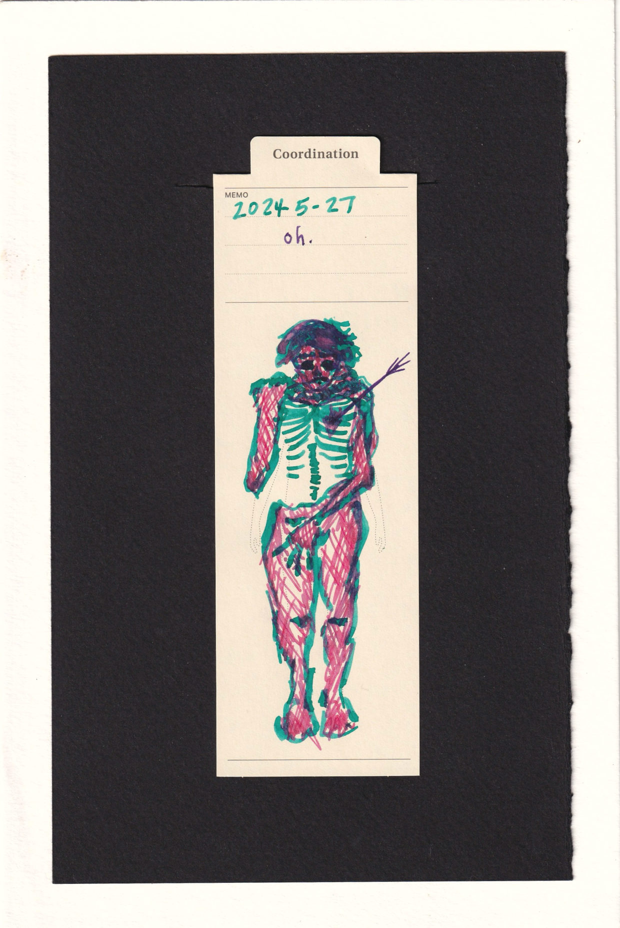 The figure printed on the bookmark lifts their skin with one arm to show their ribcage and heart. An arrow protrudes from the heart. The figure is pink and green, somewhat angular and geometric. they look down at their chest with the arrow protruding. a handwritten memo at the top under the date reads "oh."