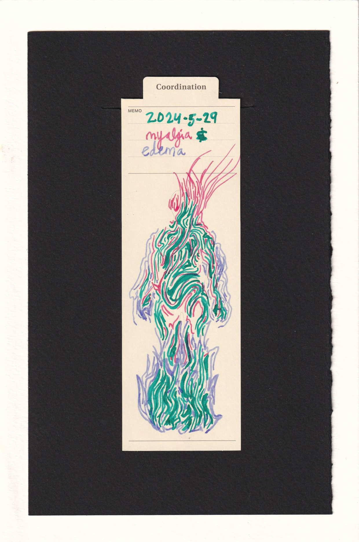 The figure is adorned with many swirling lines, somewhat like fingerprints or topographical maps. In the lower body this is mostly green and purple, and almost resembles flames. The arms and torso are a mix of green, purple, and pink. The head is mostly pink, and continues up and off the page. In the notes section, the word myalgia (muscle soreness) is written in pink, and edema (swelling) is written in purple.
