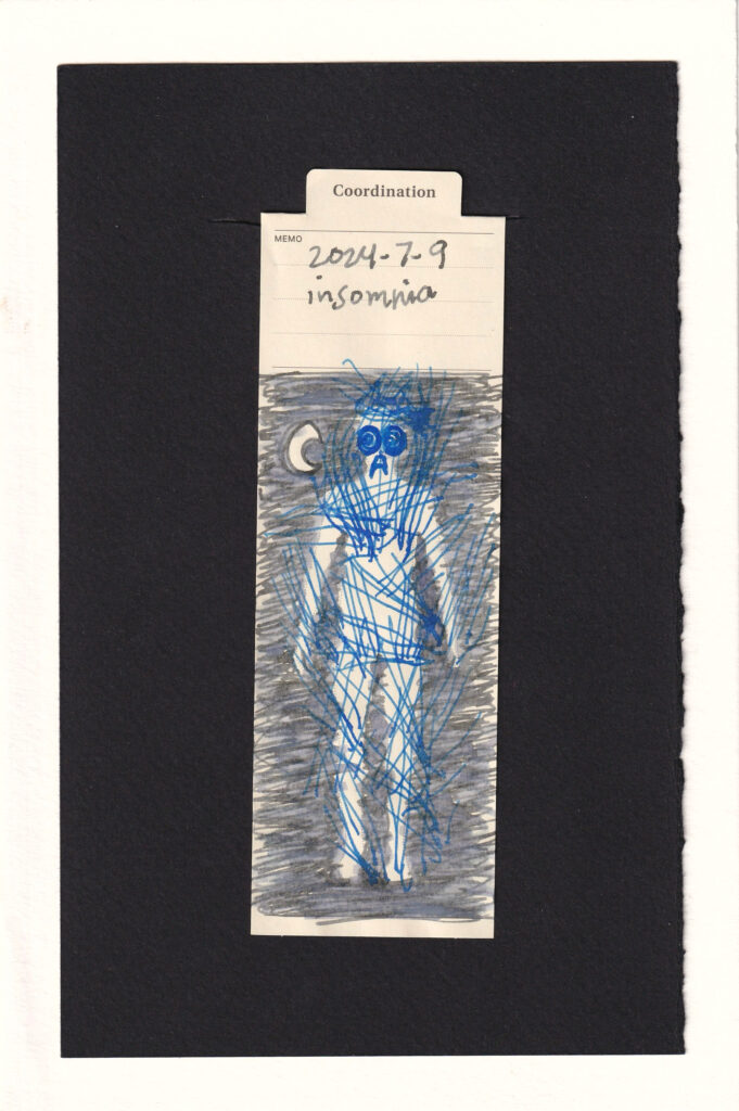 the figure is on a background of grey black scribbles with a crescent moon. blue long lines in clusters of 5, in layout similar to hand marks cover the body, especially around the over-styled face with swirly eyes and a displeased mouth