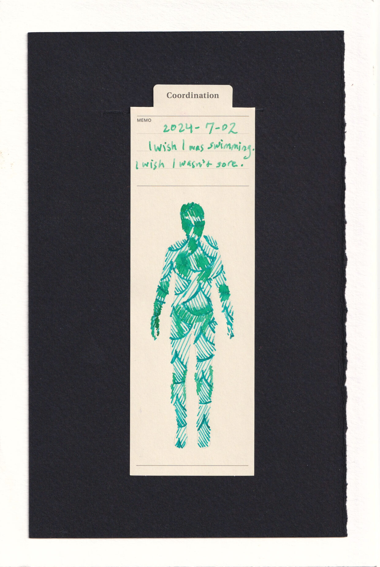 The figure has tiled diagonal blue scale-like patterns over their body. Sea foam green hatching marks where the lungs are, the cheeks, forehead, elbow pits, and lower intestine. The right hand is also covered in the sea-foam green as well as the backs of the knees.