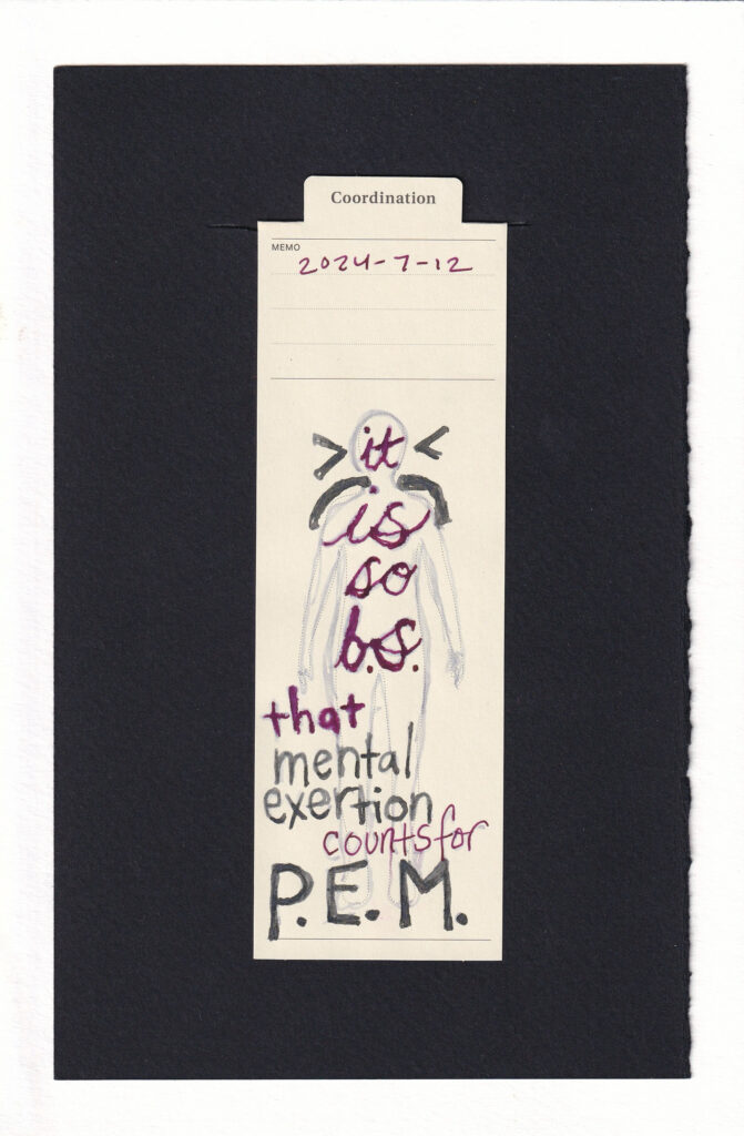 inside the head and torso of the figure in cursive reads "it is so b.s." and then continuing in print "that ental exertion counts for P.E.M." on either side of the head is a > and <, and a arc comes out of the neck sloping downward. Togerher they resemble an upset face