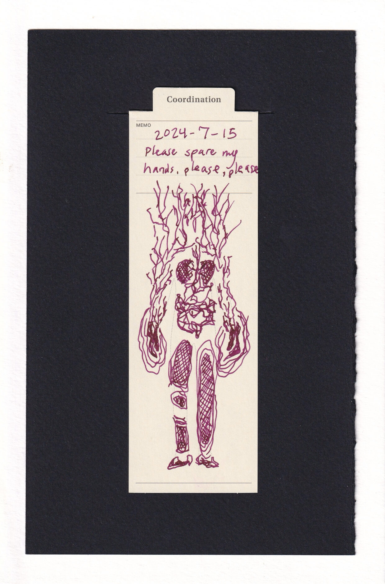 The figure's hands are drawn in oversized burgundy, with repetitive rippling lines surrounding them like pulsing pain. branch-like shapes continue up the arms and up the shoulders and into the cranium of the figure, resembling jagged tree branches, neurons, electricity, or something else. Parts of the legs are hatched, and the lungs and digestive tract are roughly drawn in with edgy angular shapes.