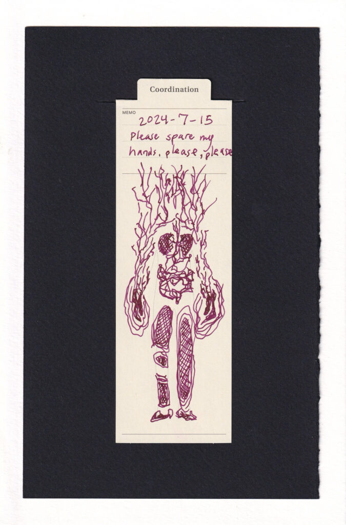 The figure's hands are drawn in oversized burgundy, with repetitive rippling lines surrounding them like pulsing pain. branch-like shapes continue up the arms and up the shoulders and into the cranium of the figure, resembling jagged tree branches, neurons, electricity, or something else. Parts of the legs are hatched, and the lungs and digestive tract are roughly drawn in with edgy angular shapes.