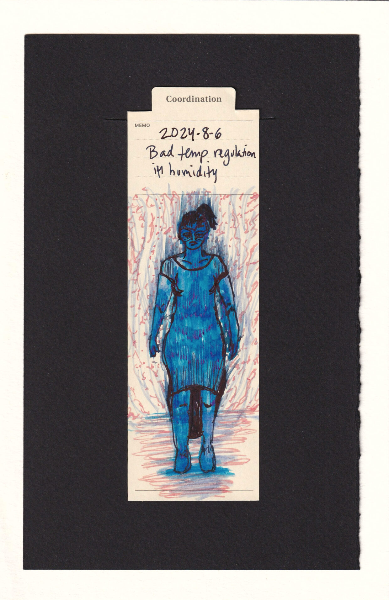 Figure entirely in blue with many bags under their eyes and vertical lines where skin meets skin and other areas of sweating takes place. Something rises off of them, perhaps heat or vapor. Behind them is many texture particles floating in the air.