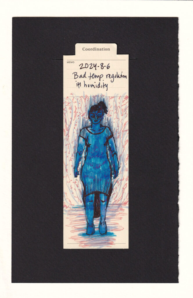 Figure entirely in blue with many bags under their eyes and vertical lines where skin meets skin and other areas of sweating takes place. Something rises off of them, perhaps heat or vapor. Behind them is many texture particles floating in the air.