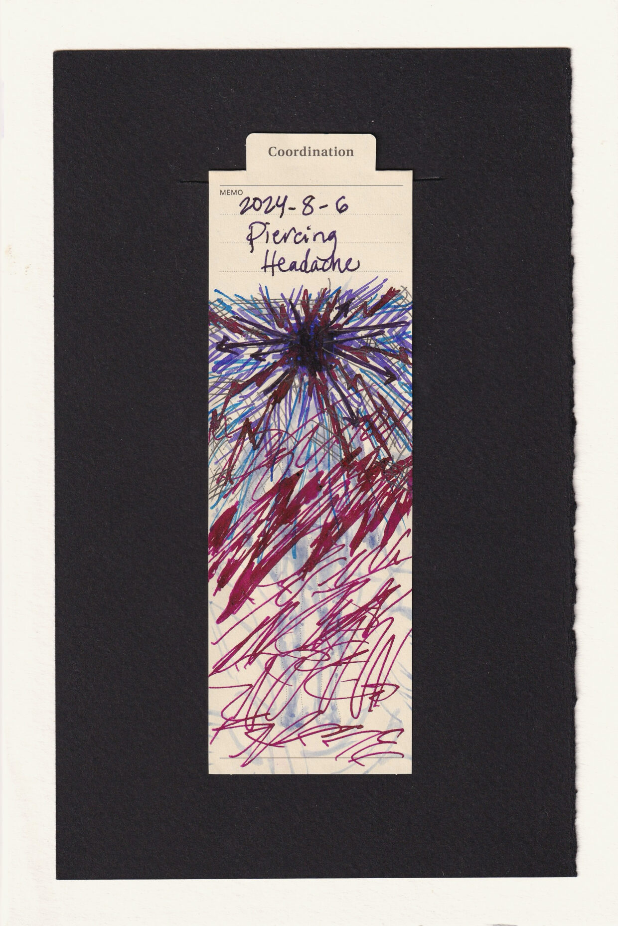 Chaotic scribbles layer upon layer. The head is many inks blended together into a black void, with jagged angles, spiked arrows, chevrons, and other shapes all pointing in to the head and piercing it. A large zig-zagging saturated reddish burgundy line cuts across the center of the bookmark like static interrupting a broadcast. More scribbles cover the bookmark in different dark colors.