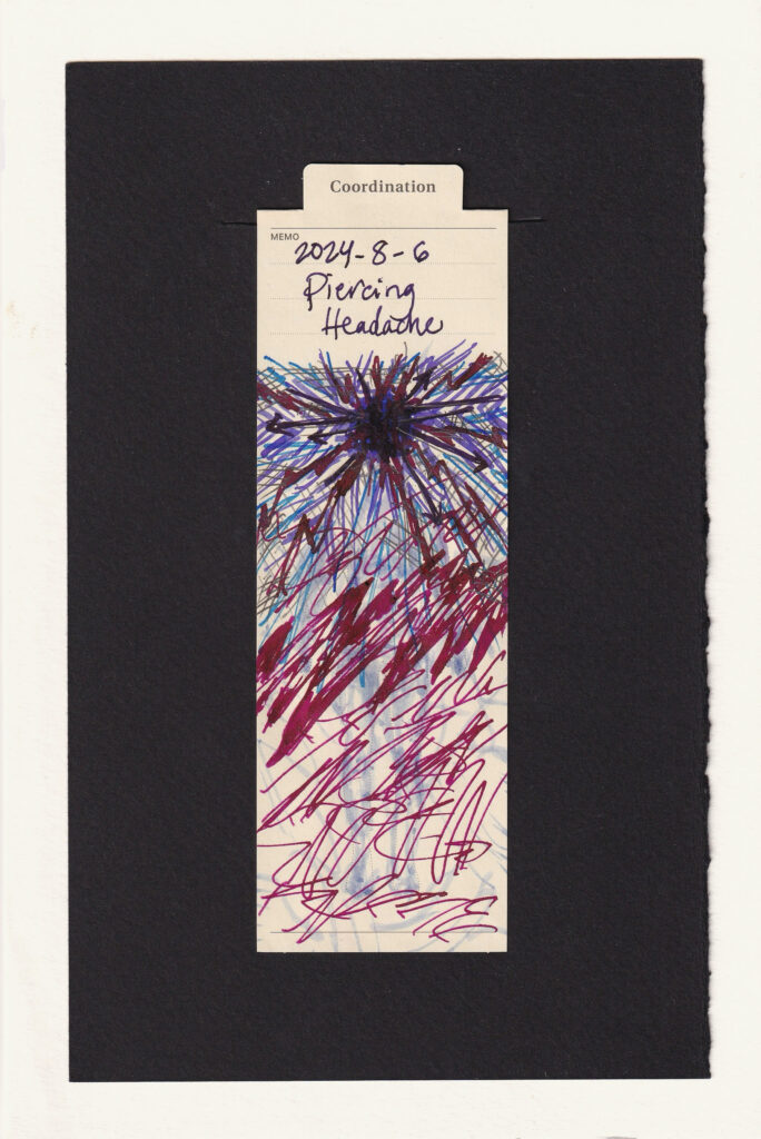 Chaotic scribbles layer upon layer. The head is many inks blended together into a black void, with jagged angles, spiked arrows, chevrons, and other shapes all pointing in to the head and piercing it. A large zig-zagging saturated reddish burgundy line cuts across the center of the bookmark like static interrupting a broadcast. More scribbles cover the bookmark in different dark colors. 