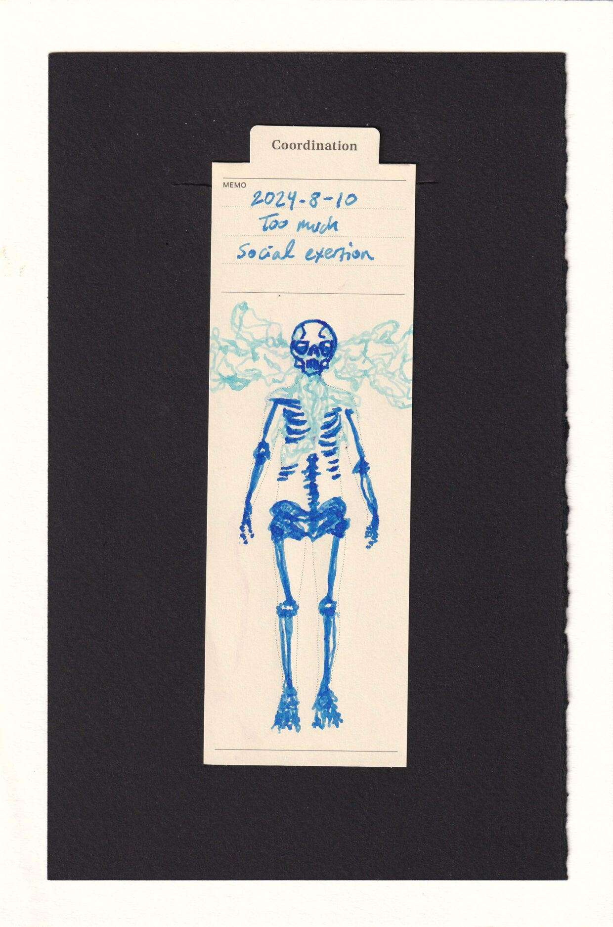 A skeleton fills the outline of the body, with tired-looking eyes. Pale blue smoke fills the throat, neck, around the head, and under the ribs. The skeleton is in blue ink, which is darker in the skull and fades to paler blue in the lower extremities.