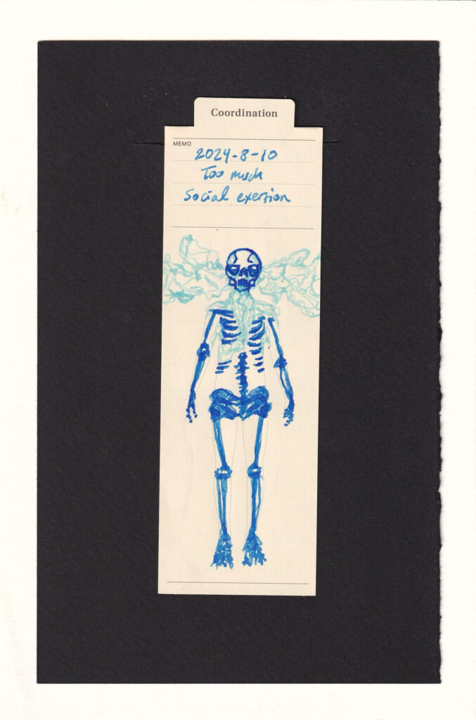 A skeleton fills the outline of the body, with tired-looking eyes. Pale blue smoke fills the throat, neck, around the head, and under the ribs. The skeleton is in blue ink, which is darker in the skull and fades to paler blue in the lower extremities.