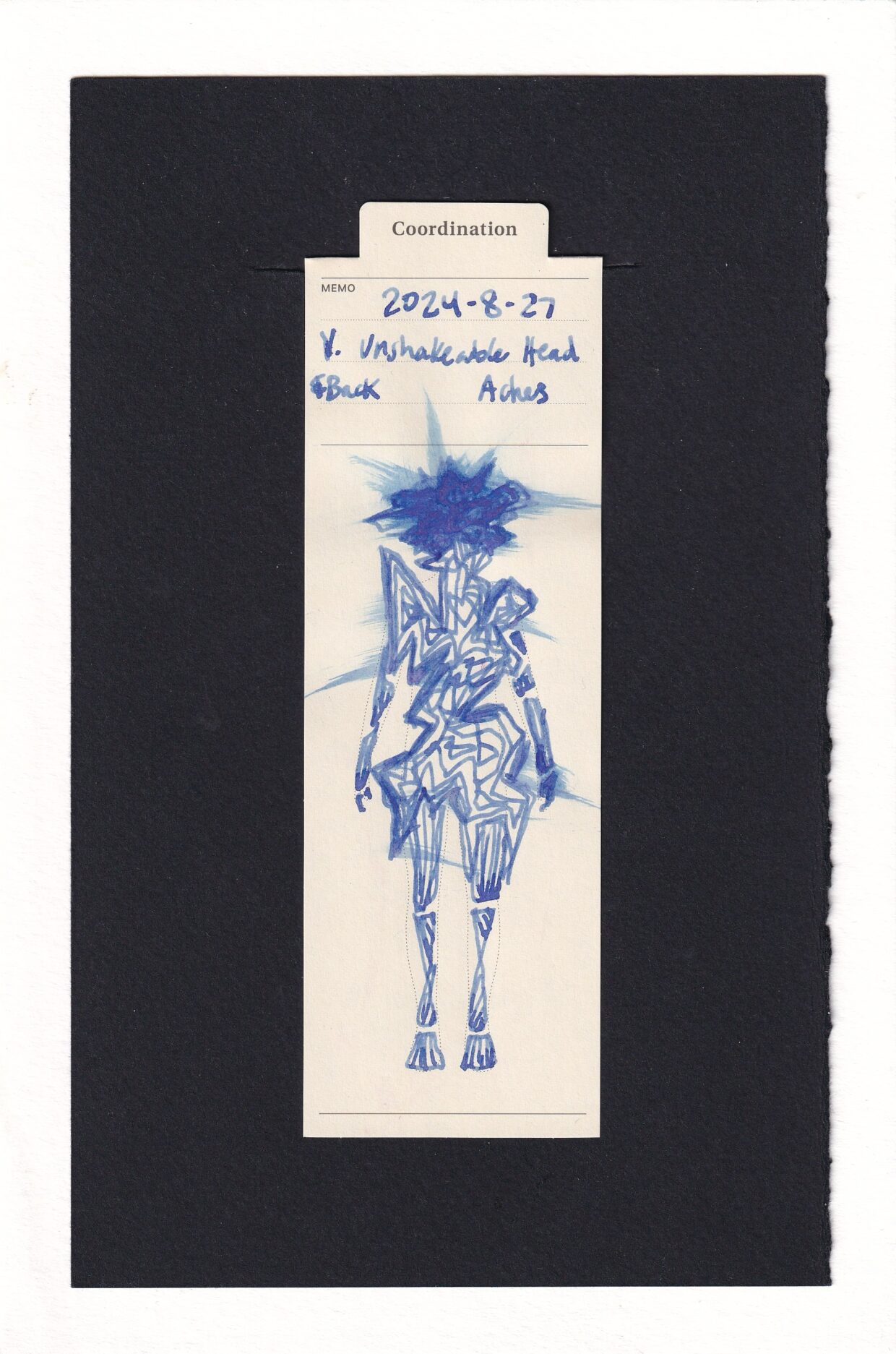 The figure is made of jagged geometric shapes in blue-grey clinical looking ink. Smudges come off of the back and wrists. The head is layered with many, many layers of ink, bleeding through the paper and with angular smudges going in all directions.