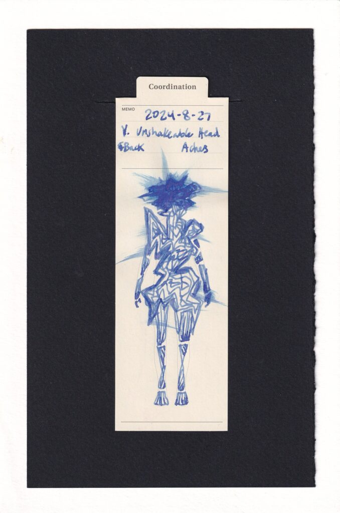 The figure is made of jagged geometric shapes in blue-grey clinical looking ink. Smudges come off of the back and wrists. The head is layered with many, many layers of ink, bleeding through the paper and with angular smudges going in all directions.