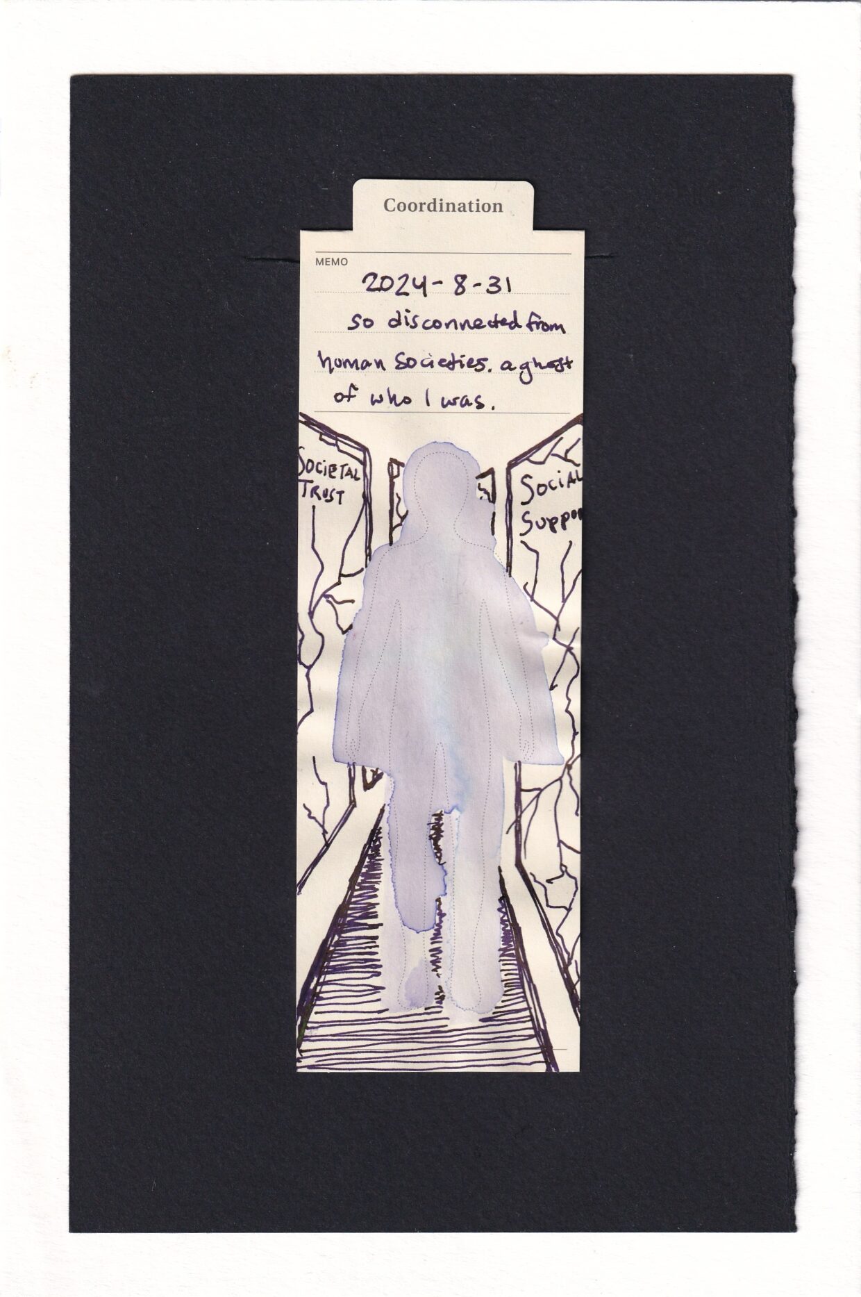 the figure is very pale grey-lavender-blue watery inks, in a almost sheet-ghost like shape. The figure walks on a purple-black path surrounded by at least four monolithic rectangles. The two with visible text read "societal trust" and "social support". The monolithic rectangles all have fracturing crack lines.