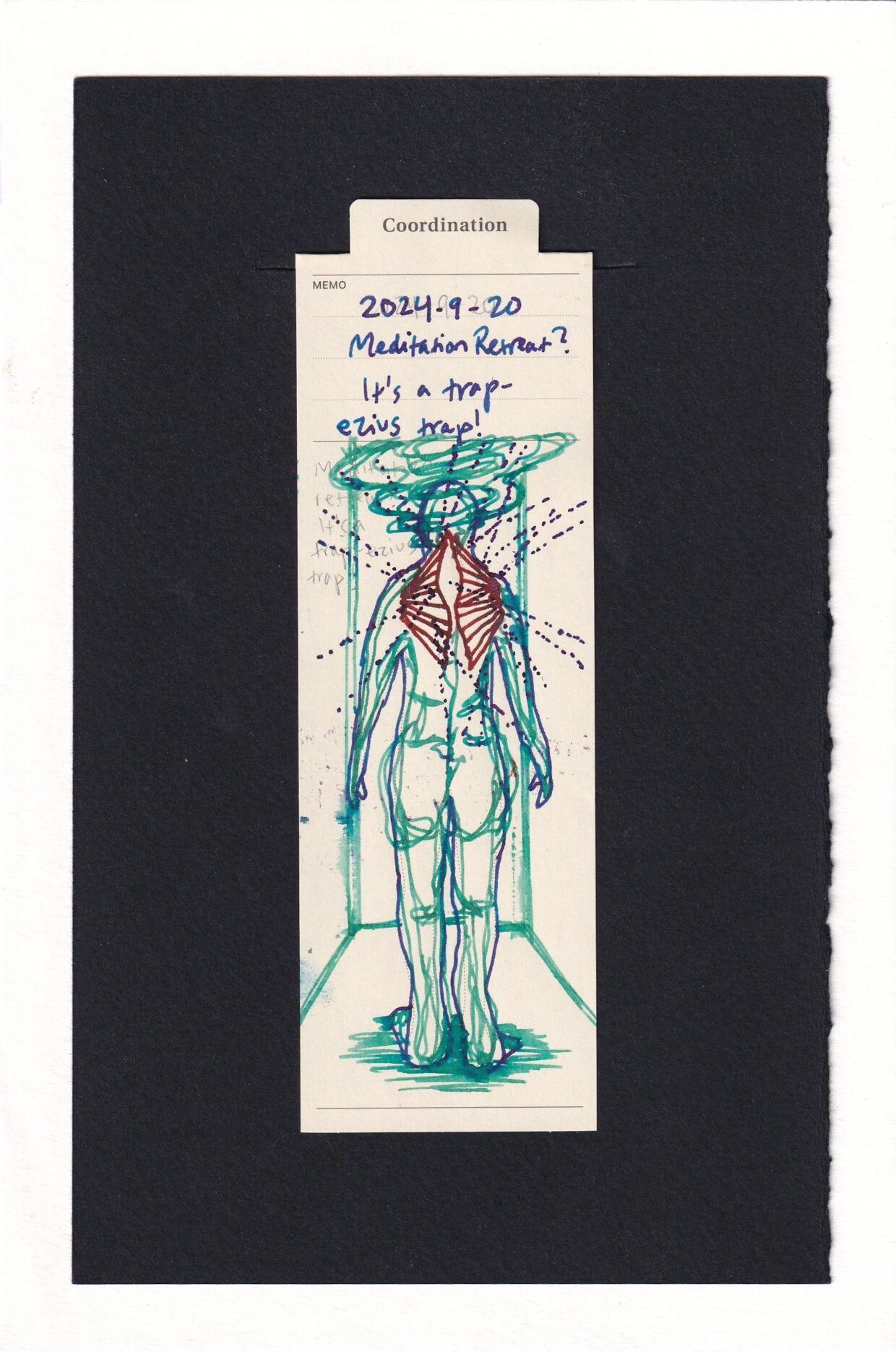 the figure faces away from us. Their trapeziuses are drawn in red. the rest of the body is seafoam green and pale blue. Swirls radiate out from the head of the figure. The trapeziuses are intersected by dotted lines jutting out at angles. The figure is in a hallway looking away, standing slightly askance.