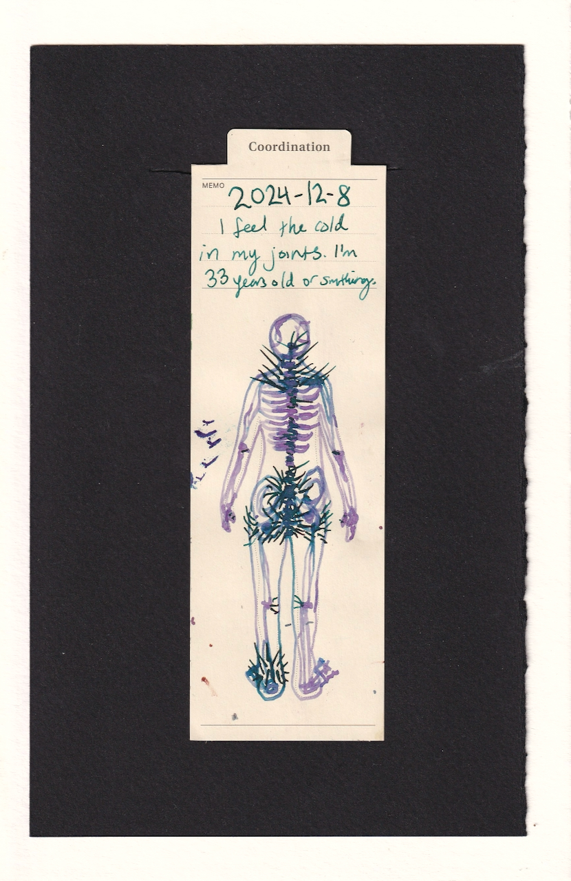 a purple ink skeleton viewed from behind. They have dark teal spikes coming out from their bones, especially the neck, shoulders, lower spine, knees, and left ankle. A crown of these thorns wraps the buttocks. Smaller dark teal details are in the central spine and elbows.