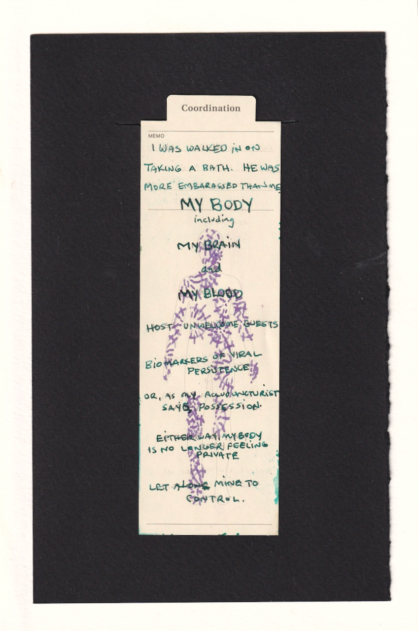 the outline of the figure is partially filled with the shape of circles with protruding spikes... viruses. they are in lavender. The text in the caption is written in dark teal over the body, starting above the head and aligning "my brain" over the brain and "my blood" over the heart.