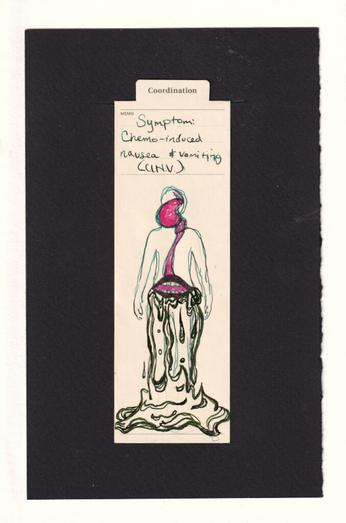 the figure's stomach is in their head, and upside-down. their esophagus goes down to their belly, where a large mouth, also upside-down is present. From the mouth pours lots of green sludgy liquid, highly rendered with many drips, drops, and oozing shapes. It forms a piling pool and obscures the figure's feet, as well as some of their legs.