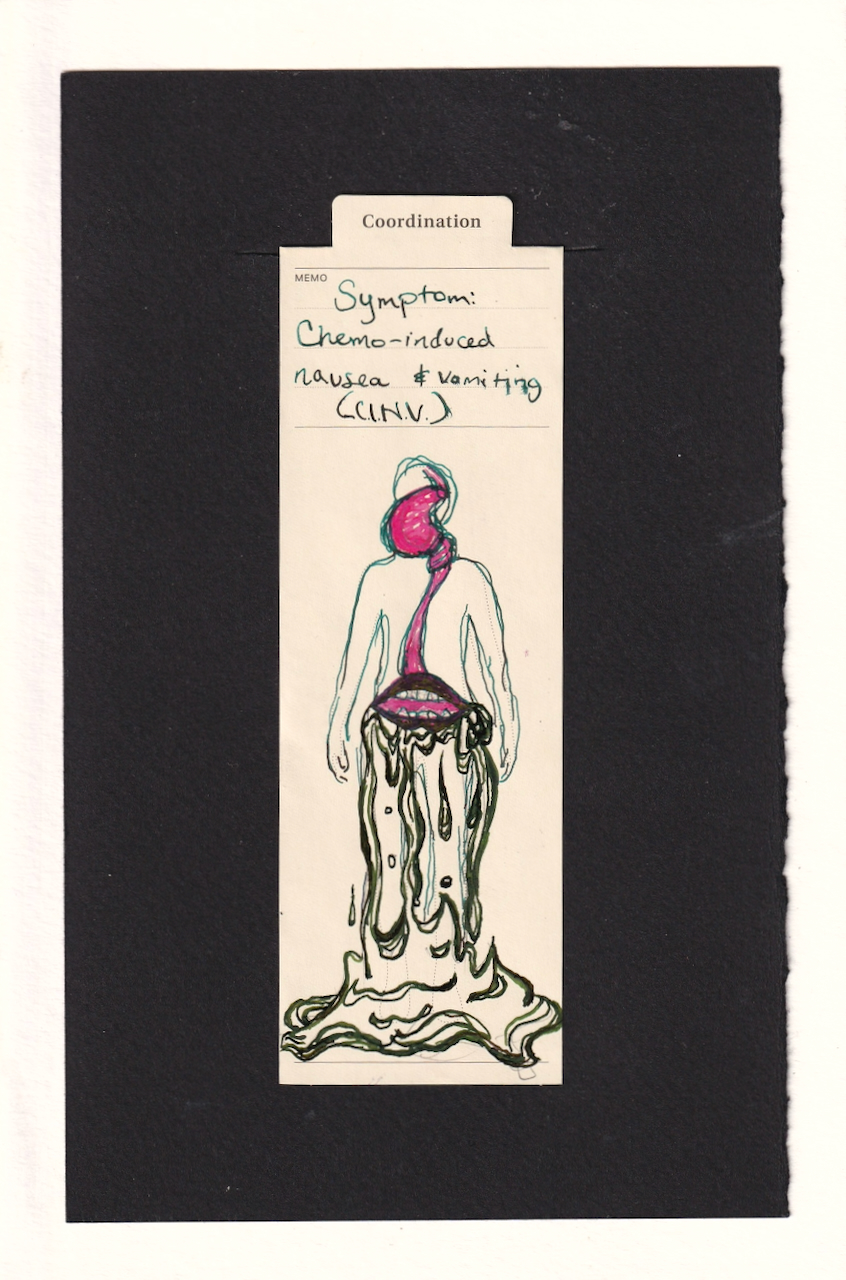 the figure's stomach is in their head, and upside-down. their esophagus goes down to their belly, where a large mouth, also upside-down is present. From the mouth pours lots of green sludgy liquid, highly rendered with many drips, drops, and oozing shapes. It forms a piling pool and obscures the figure's feet, as well as some of their legs.